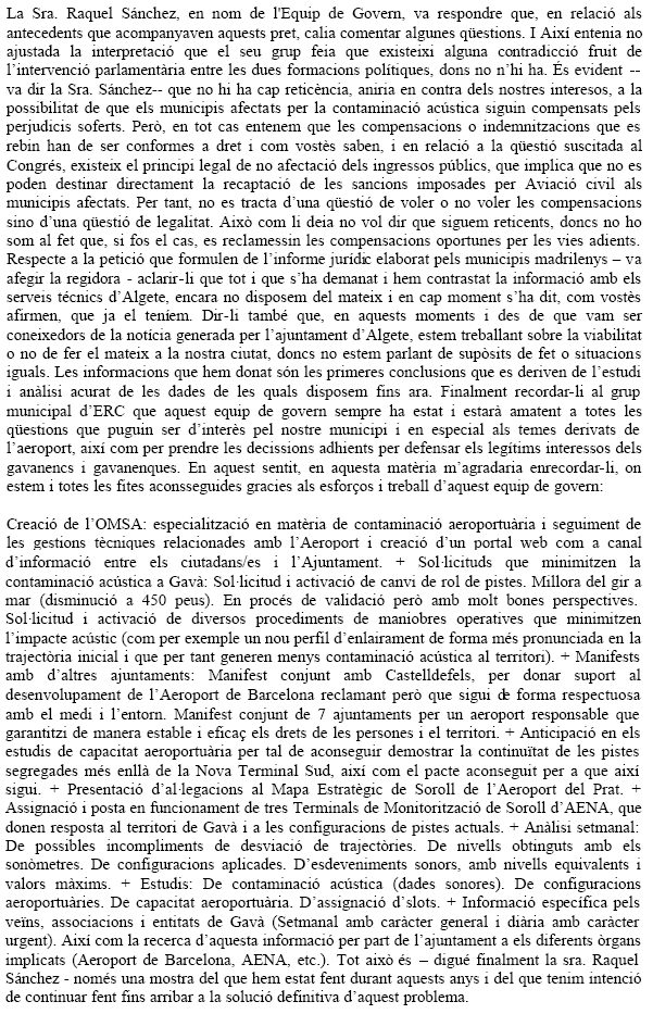 Resposta de l'equip de Govern de l'Ajuntament de Gav&agrave; (PSC-ICV-EUiA) al prec d'ERC de Gav&agrave; sol&middot;licitant que l'Ajuntament de Gav&agrave; segueixi l'exemple de l'Ajuntament d'Algete i sancioni els incompliments de rutes a&egrave;ries (31 de Gener de 2008)
